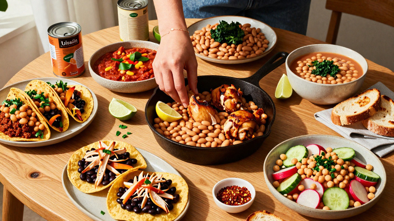 Mesa com várias refeições de feijão, tacos, legumes frescos, frango e molho, com uma mão a servir comida.