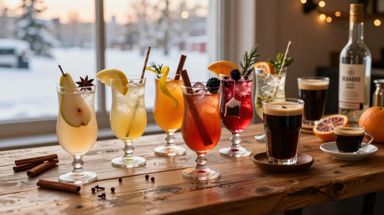 Vários copos com diferentes cocktails coloridos e cafés num balcão de madeira perto de uma janela com paisagem nevada.