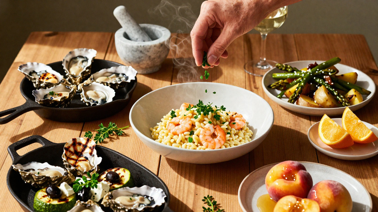 Prato de massa com camarão, legumes grelhados, ostras, fruta e uma mão a polvilhar ervas num ambiente acolhedor.