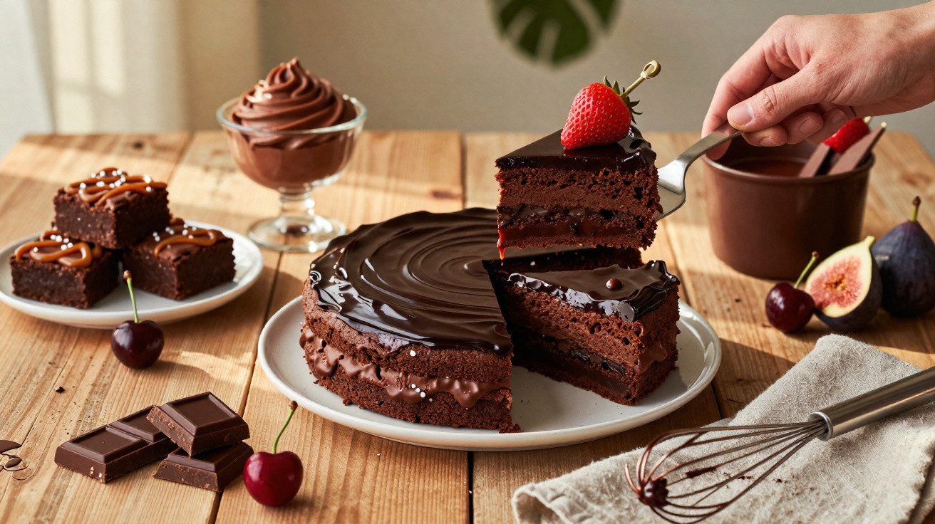 Bolo de chocolate com cobertura brilhante e morango, pedaço a ser retirado com garfo, ao lado de brownies, chocolate e cereja