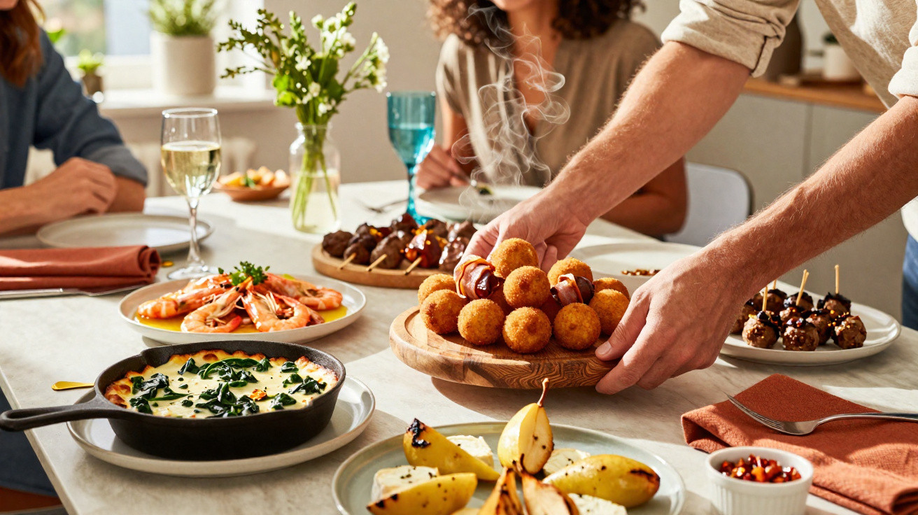 Mesa com diversos pratos de comida, pessoas sentadas e mãos a servir bolinhos quentes numa tábua de madeira.