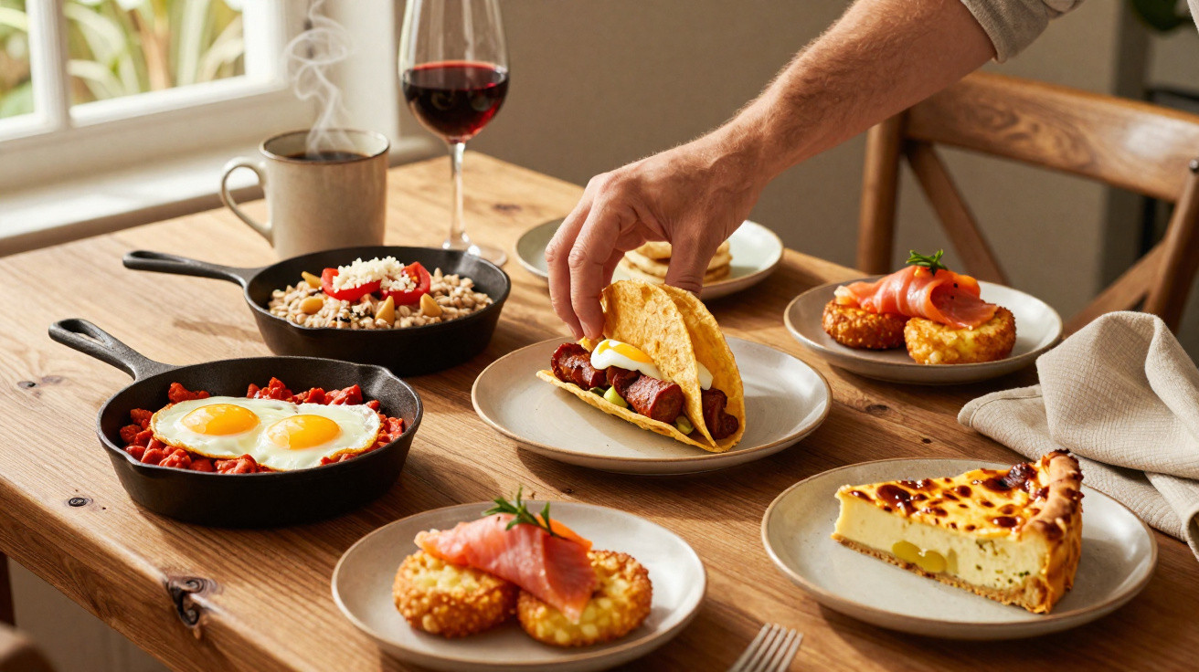 Mesa de madeira com variedade de pratos, incluindo ovo estrelado, taco, bolinhos com salmão e vinho tinto.