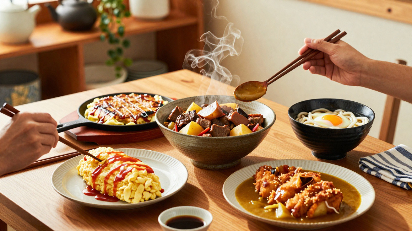 Mesa de madeira com pratos japoneses variados: omelete, caril, guisado, gyozas e noodles com ovo.