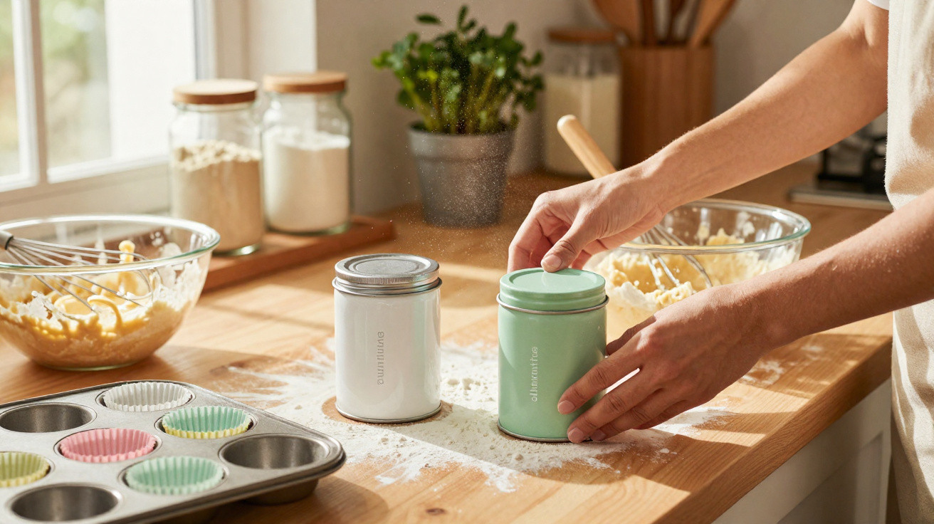 Pessoa a preparar massa para bolos numa cozinha com ingredientes e formas para cupcakes.