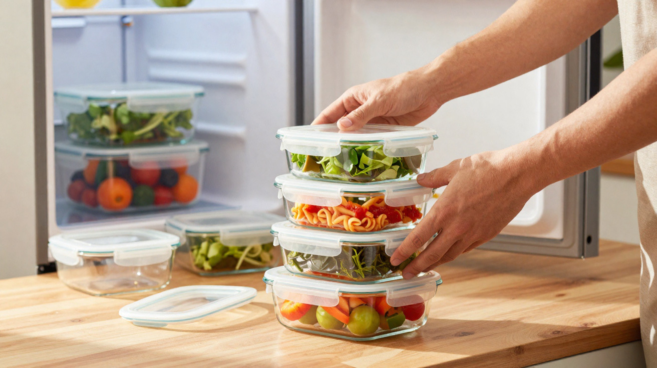 Mãos a empilhar recipientes transparentes com saladas e legumes frescos numa cozinha moderna.