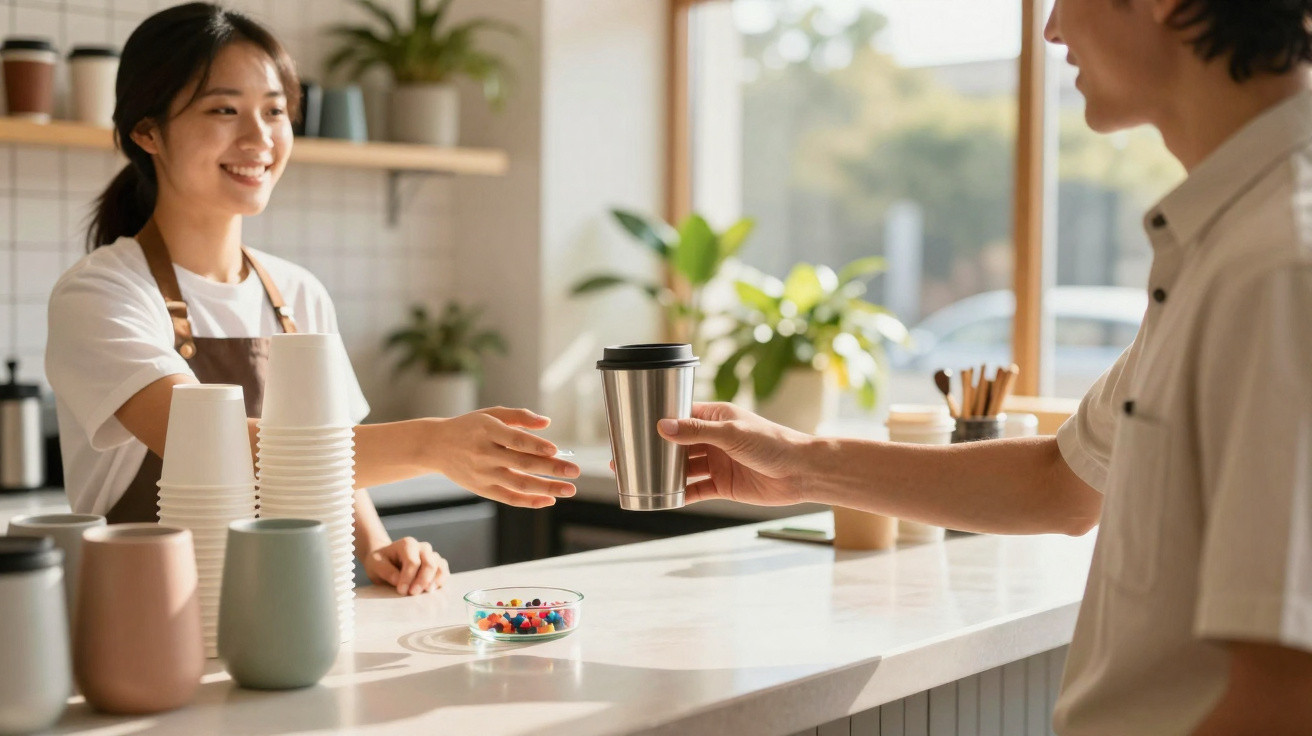 Barista a sorrir entrega café numa chávena reutilizável a cliente num balcão iluminado por luz natural.