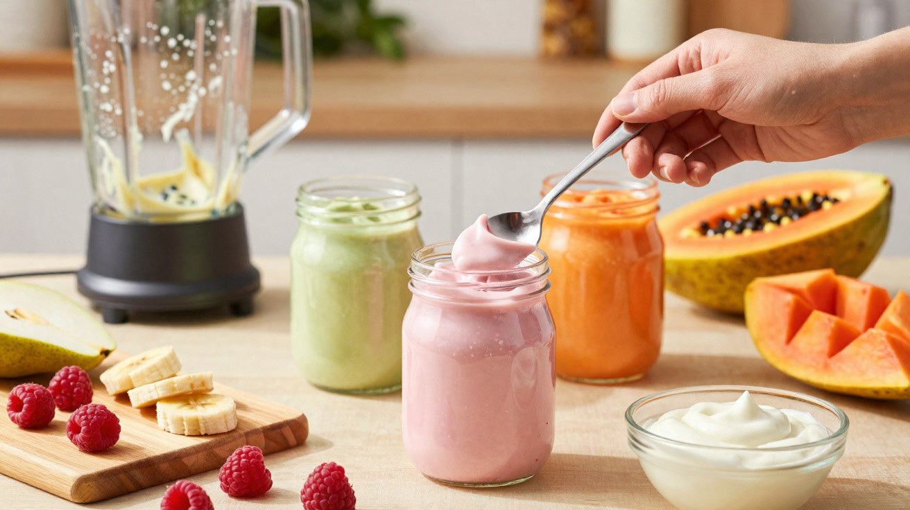 Pessoa a colher iogurte cor-de-rosa em frasco com outros iogurtes, frutas e liquidificador na cozinha.