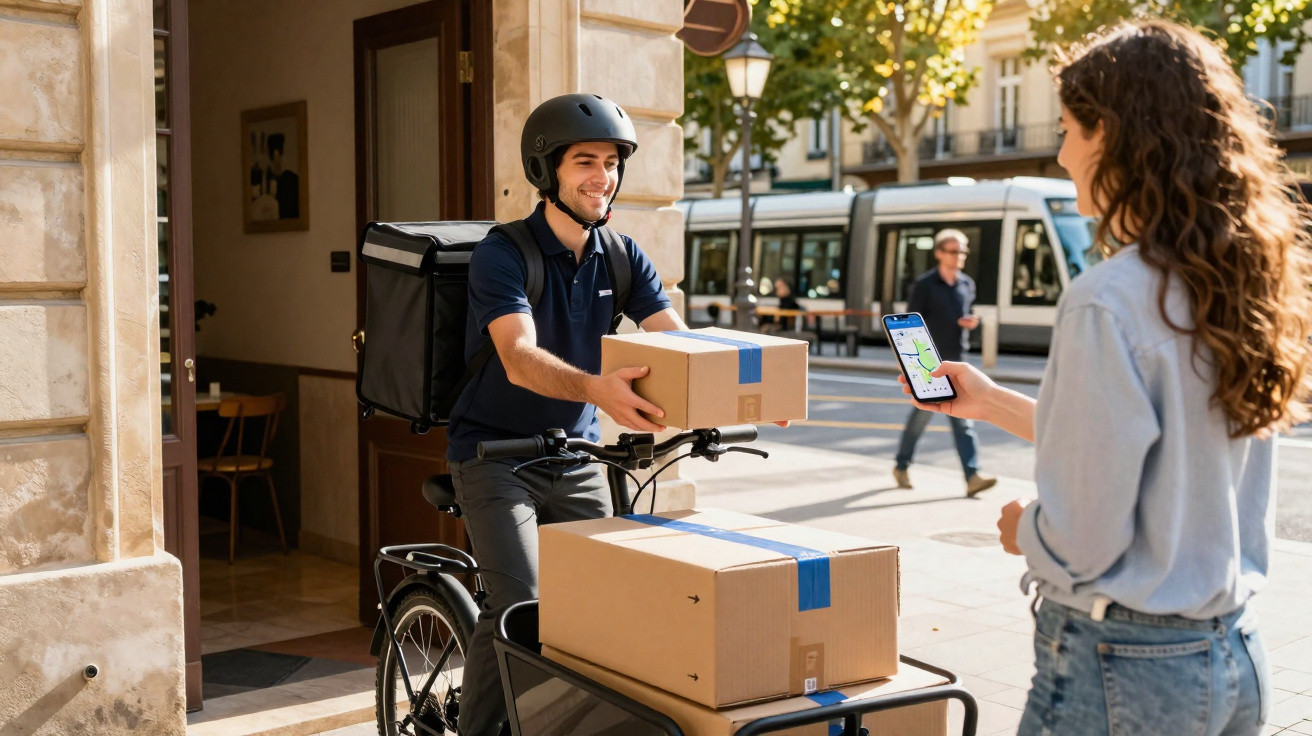 Entregador de bicicleta a entregar encomenda a mulher que confirma receção em smartphone na rua.