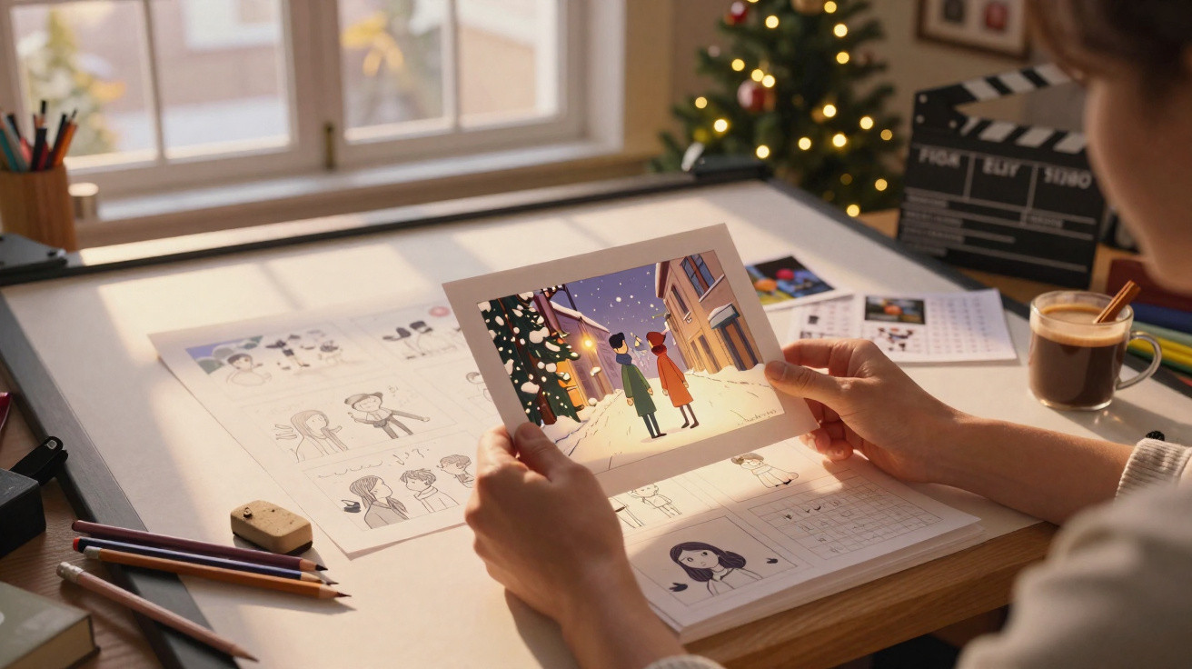 Pessoa a segurar ilustração natalícia com duas figuras sob neve, desenhada numa mesa de trabalho com material artístico.