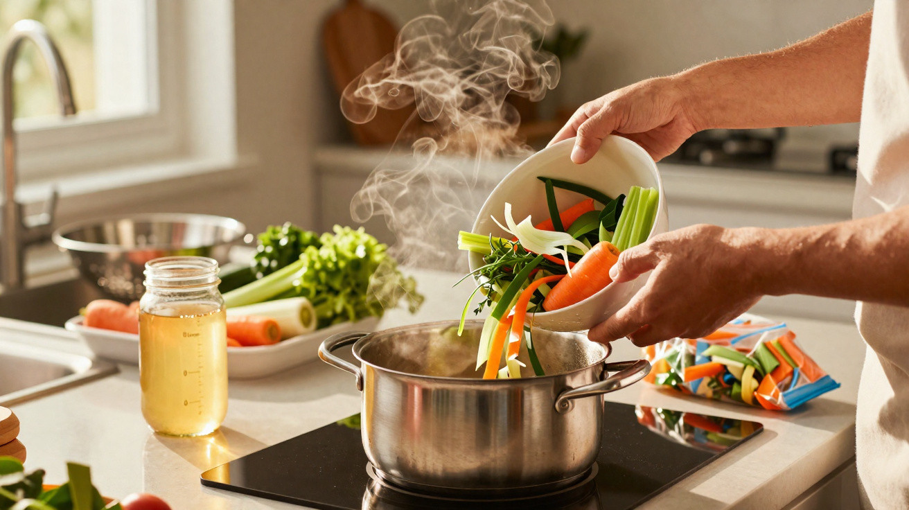 Pessoa a colocar legumes frescos numa panela a ferver numa cozinha moderna e luminosa.
