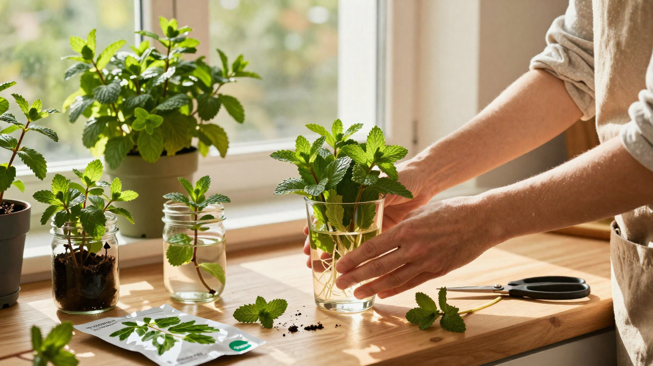 Pessoa a cuidar de plantas aromáticas em copo, sobre uma mesa de madeira junto a uma janela.