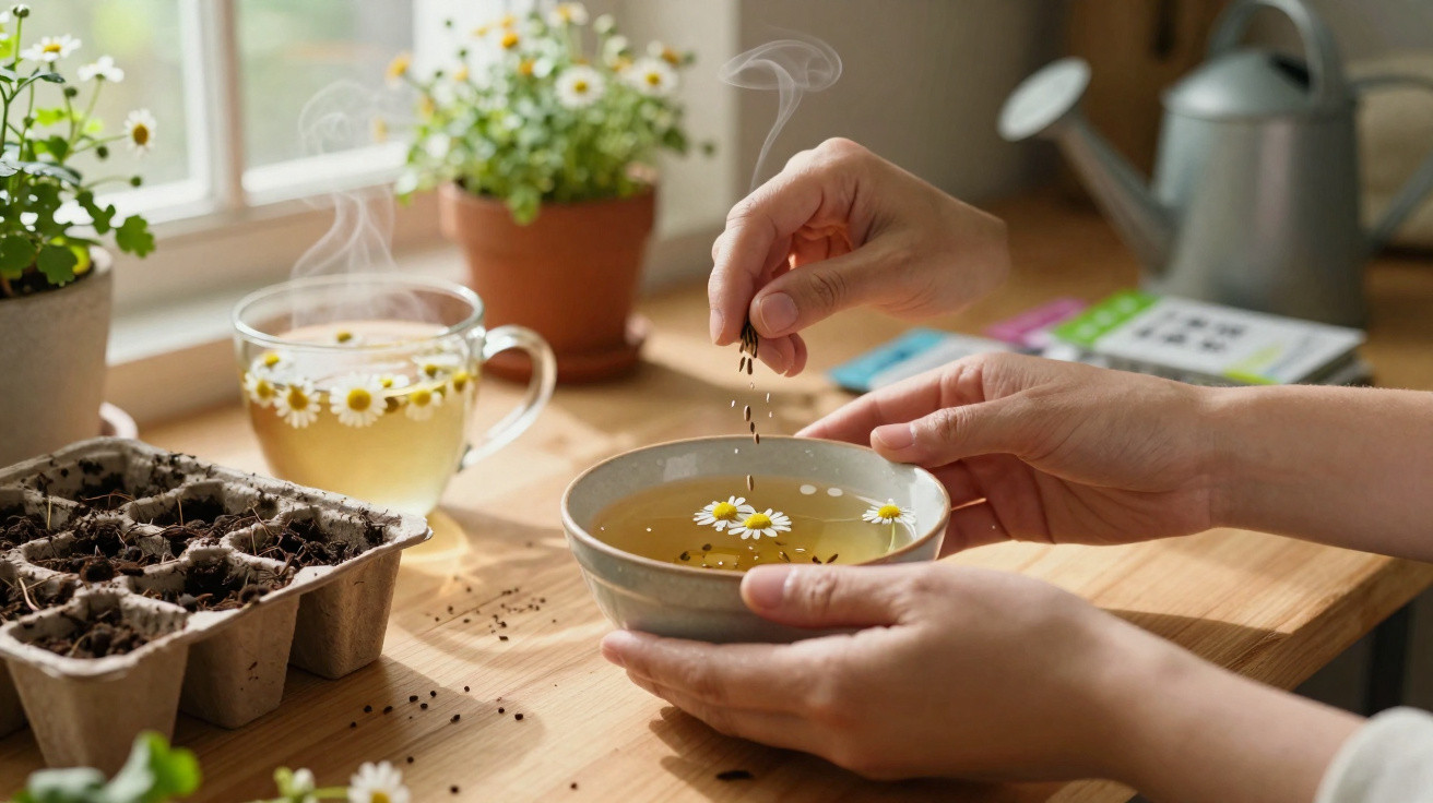 Mãos a preparar chá de camomila com flores frescas numa cozinha iluminada e vasos de plantas ao fundo.