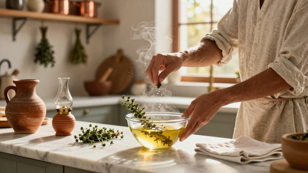 Pessoa a temperar caldo quente com ervas num recipiente de vidro numa cozinha iluminada.