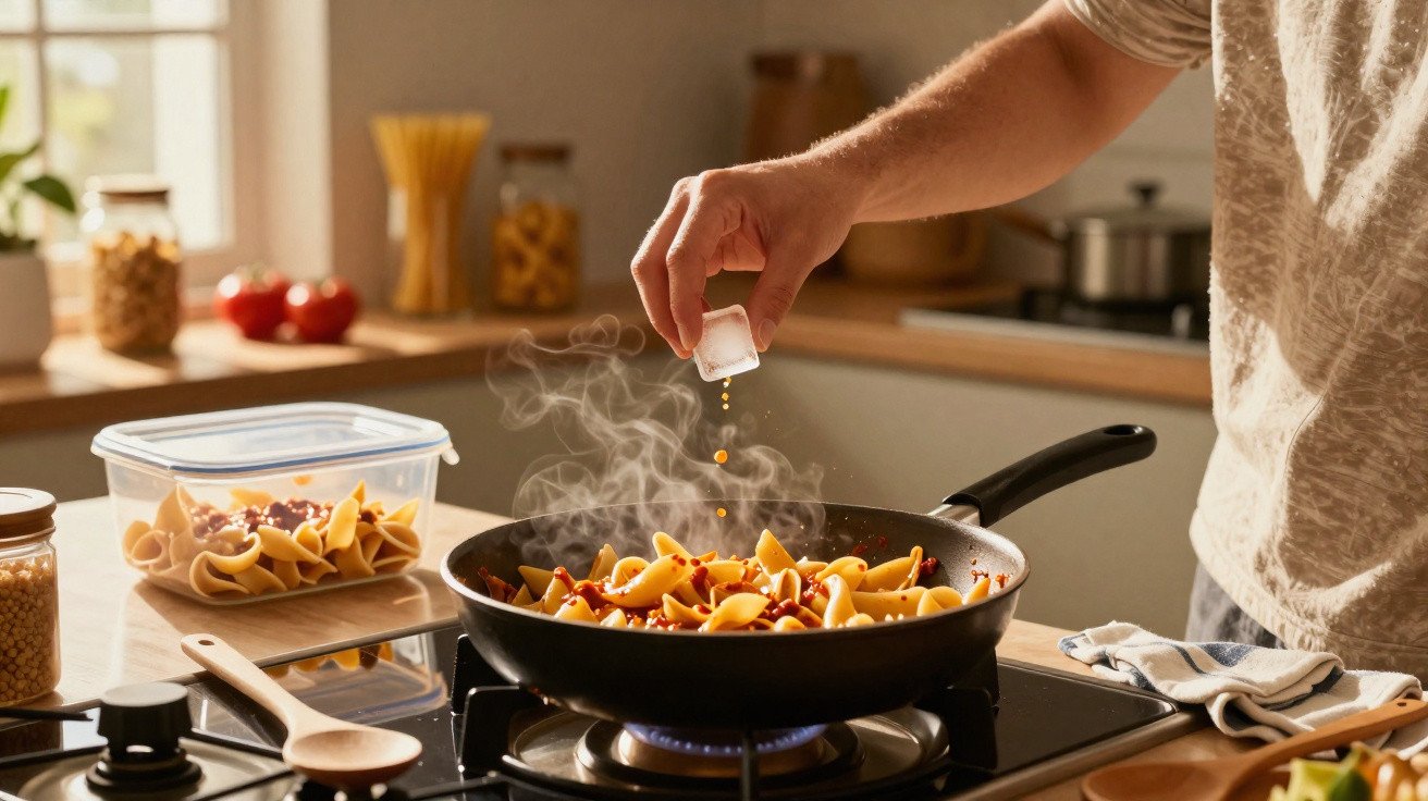 Pessoa a temperar massa com molho numa frigideira quente na cozinha caseira.