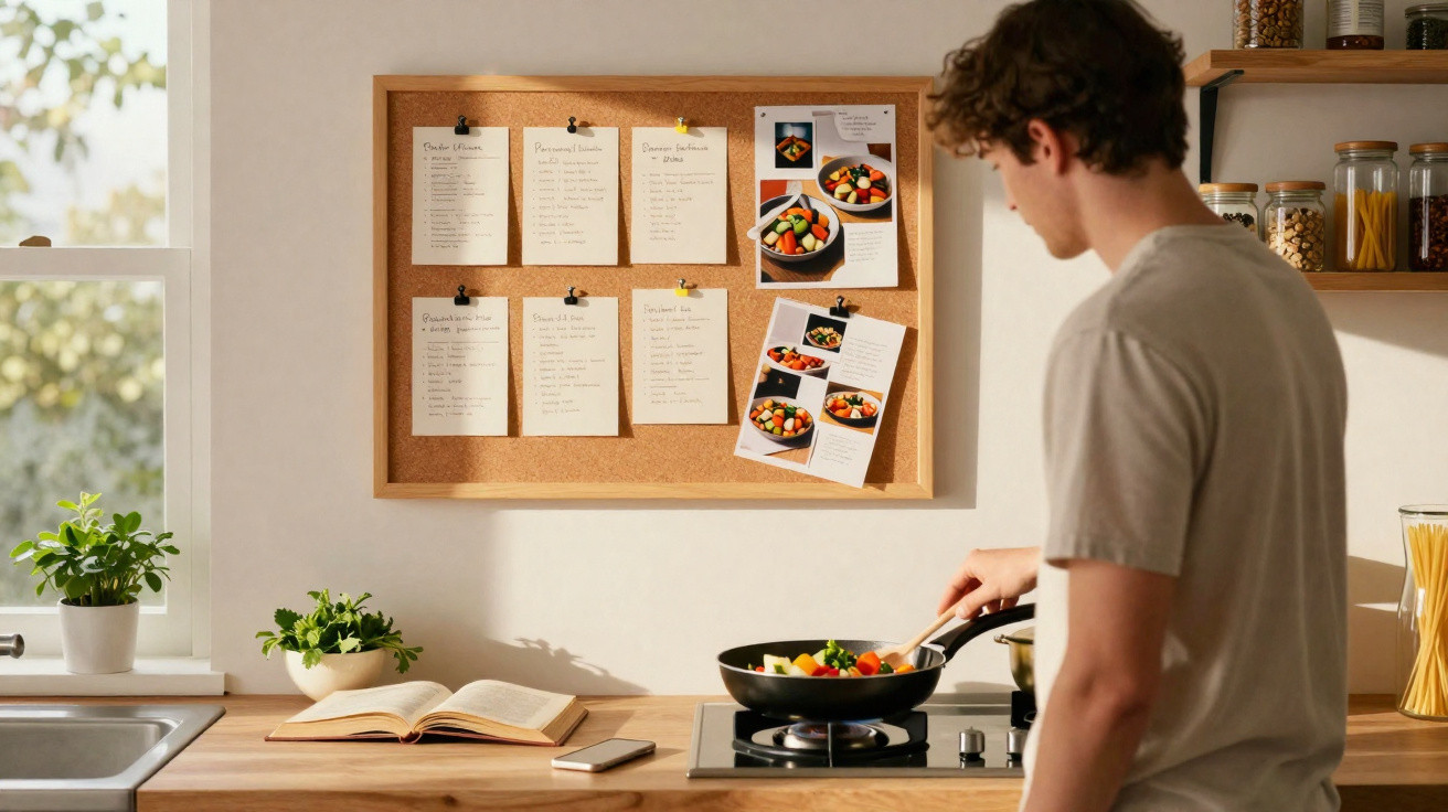 Jovem a cozinhar legumes numa frigideira numa cozinha luminosa com receitas num quadro de cortiça.
