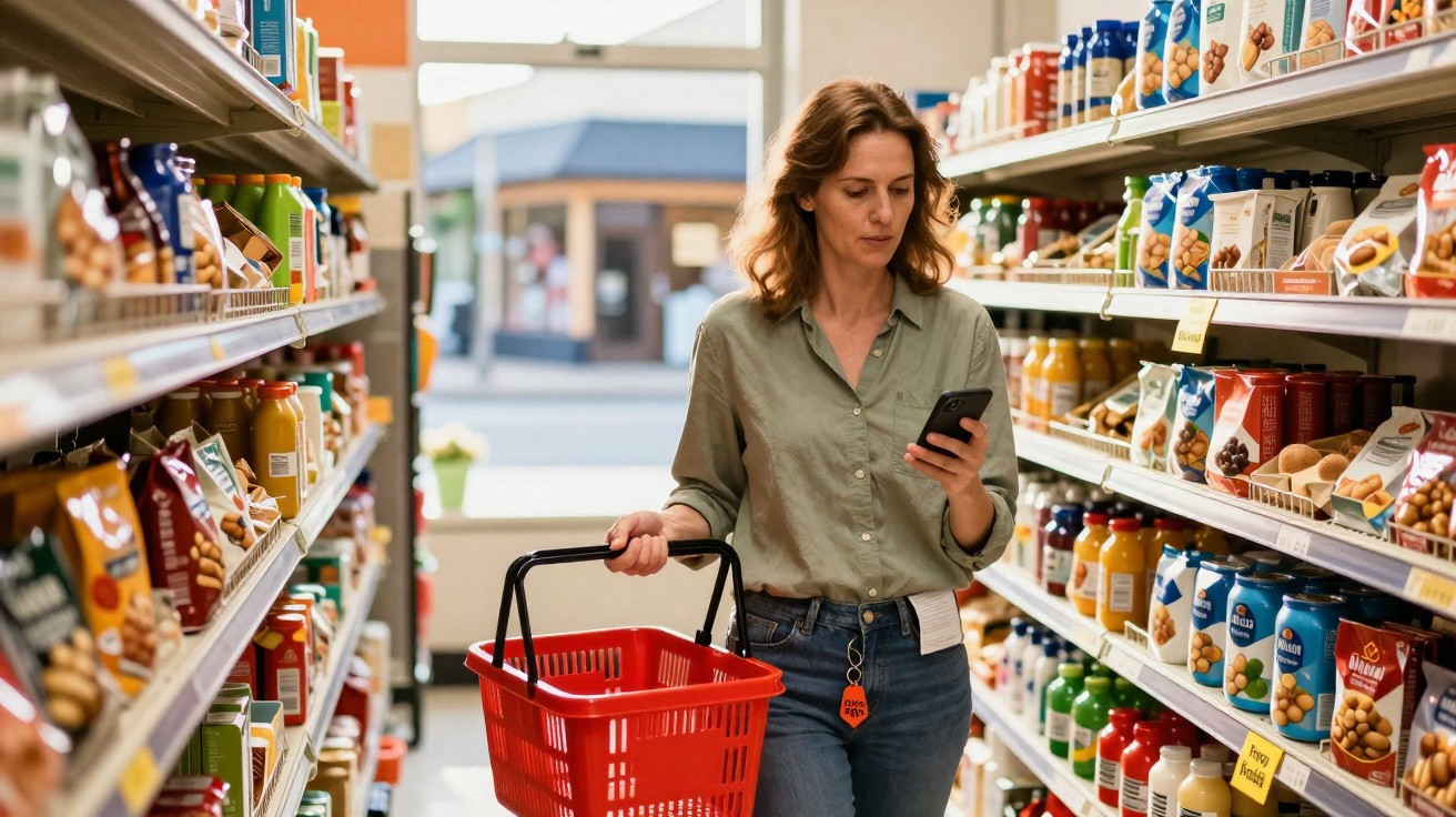 Mulher a fazer compras num supermercado, segurando um cesto e a olhar para o telemóvel entre prateleiras de produtos.