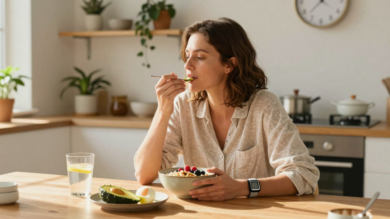 Mulher a comer pequeno-almoço saudável numa cozinha moderna com fruta, água e abacate na mesa.