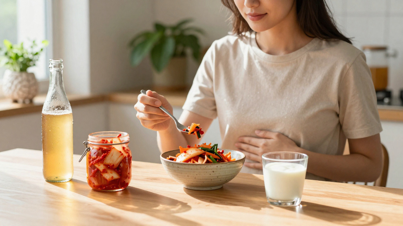 Mulher a comer refeição saudável com vegetais, kimchi e bebida numa cozinha iluminada.