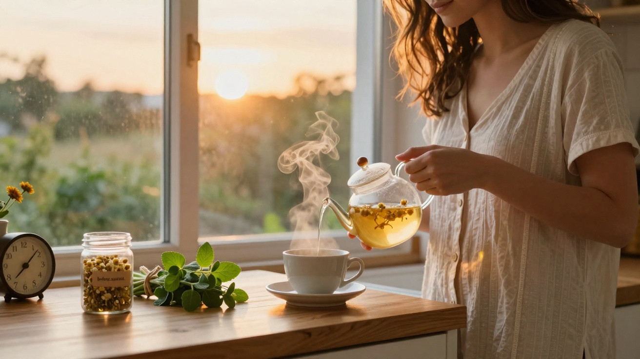Mulher a servir chá quente numa chávena à janela com sol ao pôr do sol e ervas frescas na bancada.