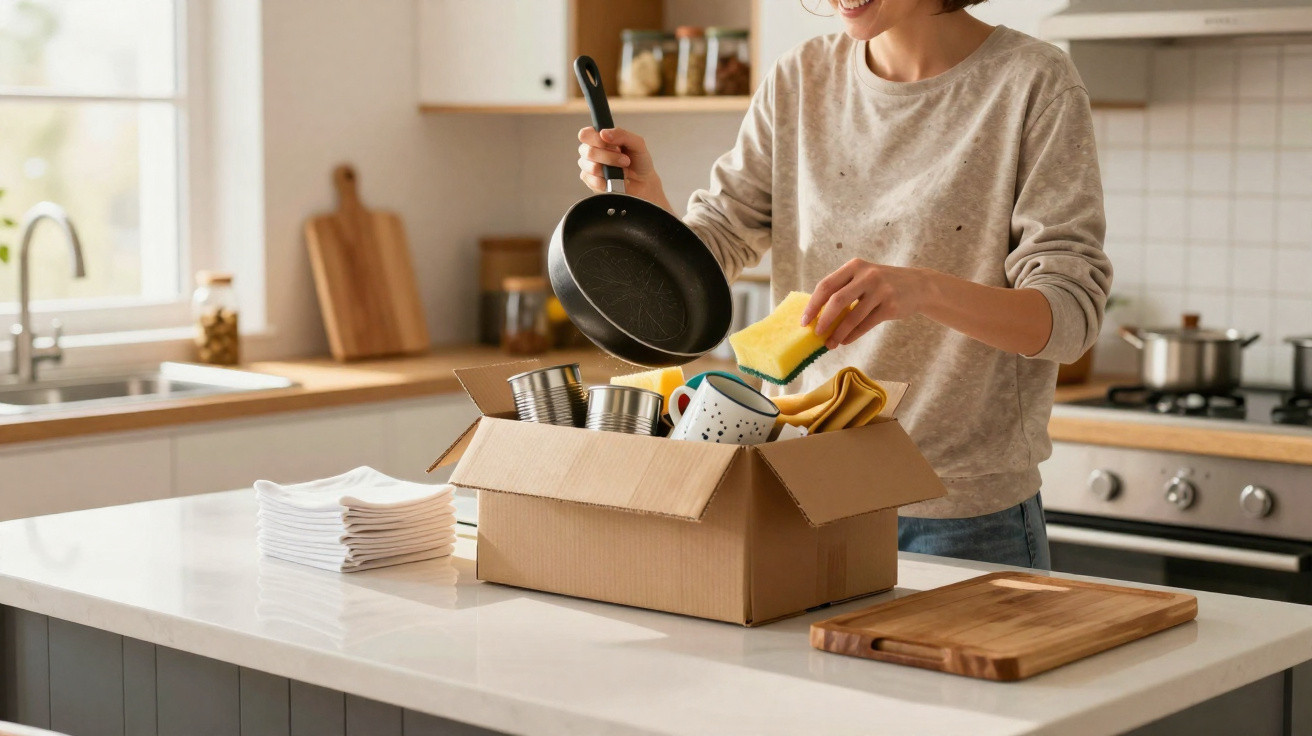 Pessoa a arrumar utensílios de cozinha numa caixa de cartão numa bancada branca, numa cozinha moderna.