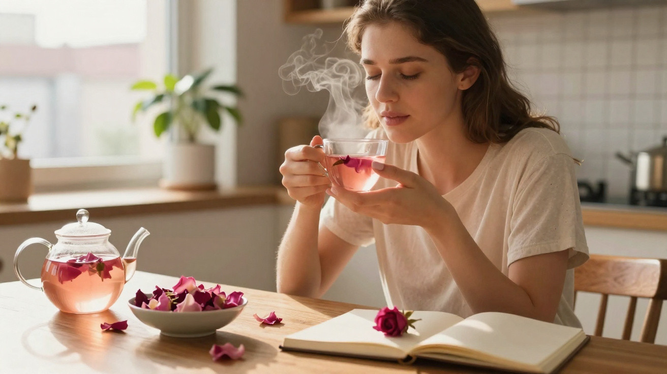 Mulher a cheirar chá de pétalas de rosa numa chávena, sentada numa cozinha com livro aberto e jarro de chá.