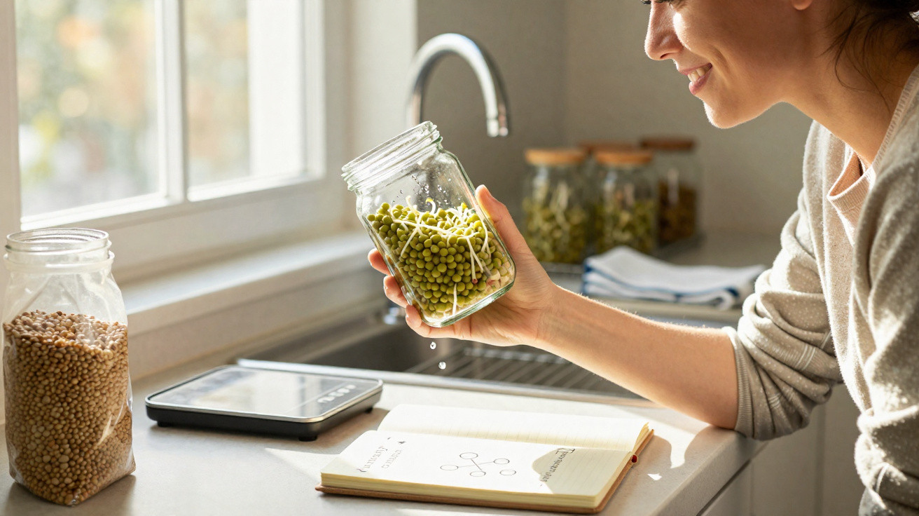 Pessoa a segurar um frasco com brotos verdes numa cozinha iluminada junto a um caderno aberto.