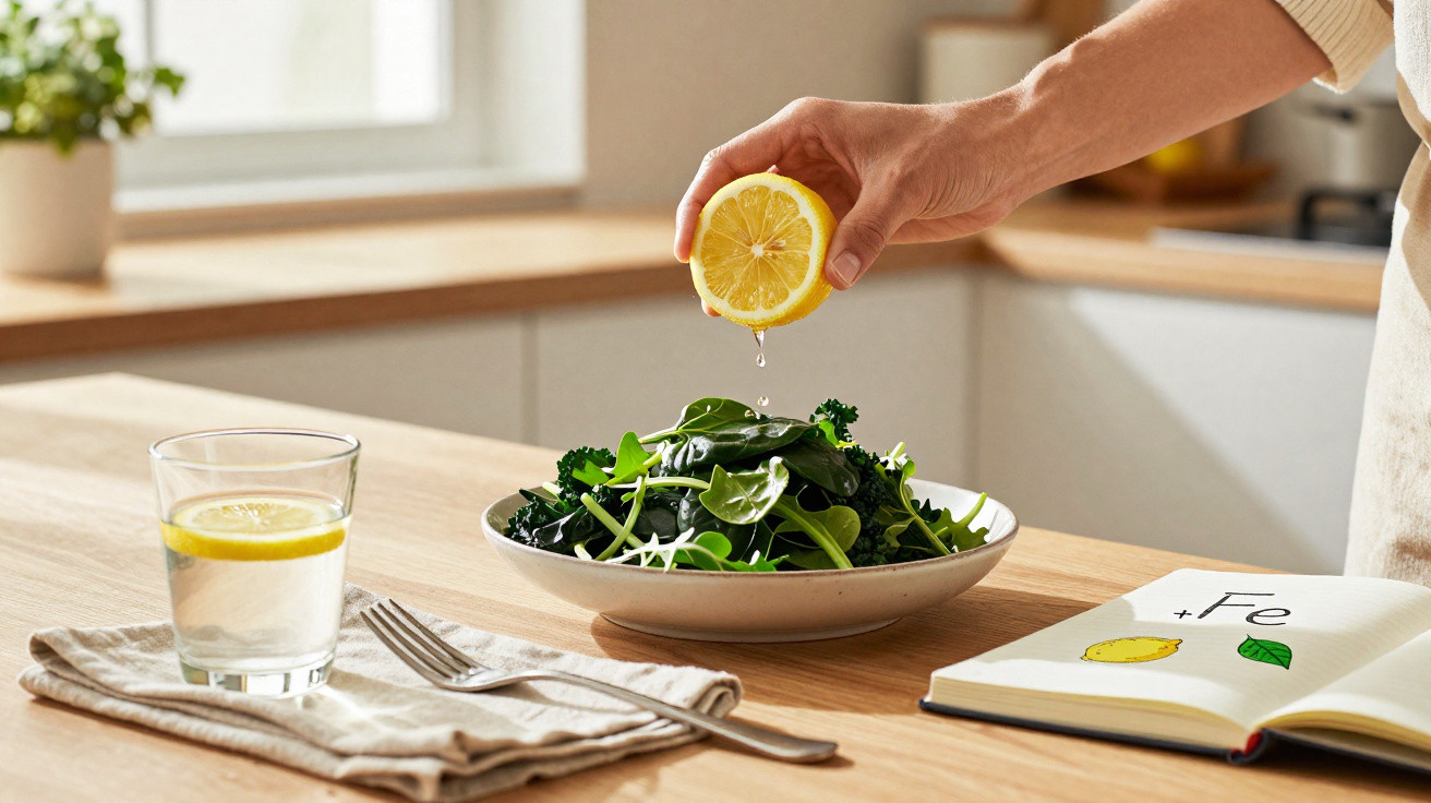 Mão a espremer limão sobre salada verde numa mesa com copo de água e livro aberto.
