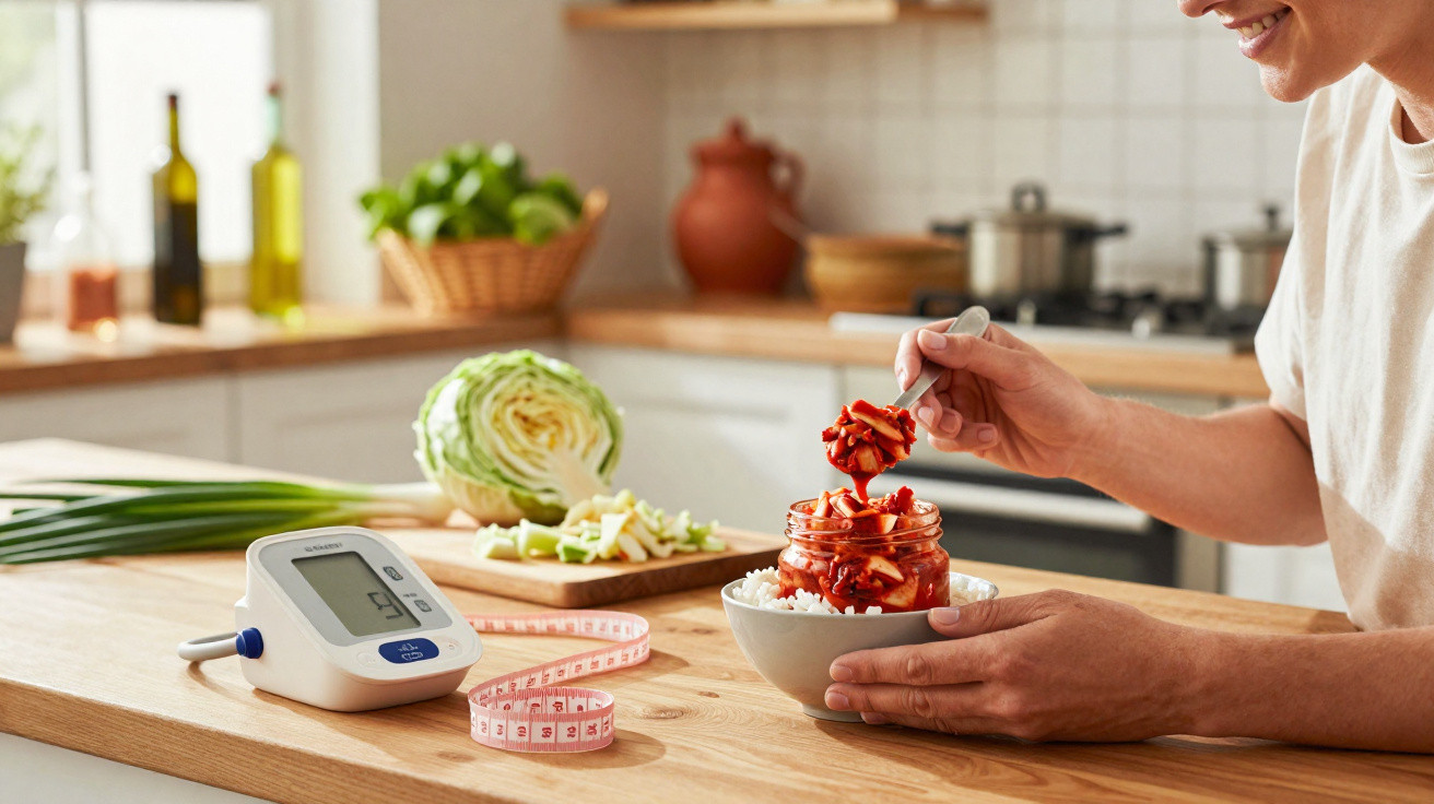 Pessoa a preparar uma tigela de arroz com kimchi numa cozinha, com medidor de glicose e legumes na bancada.