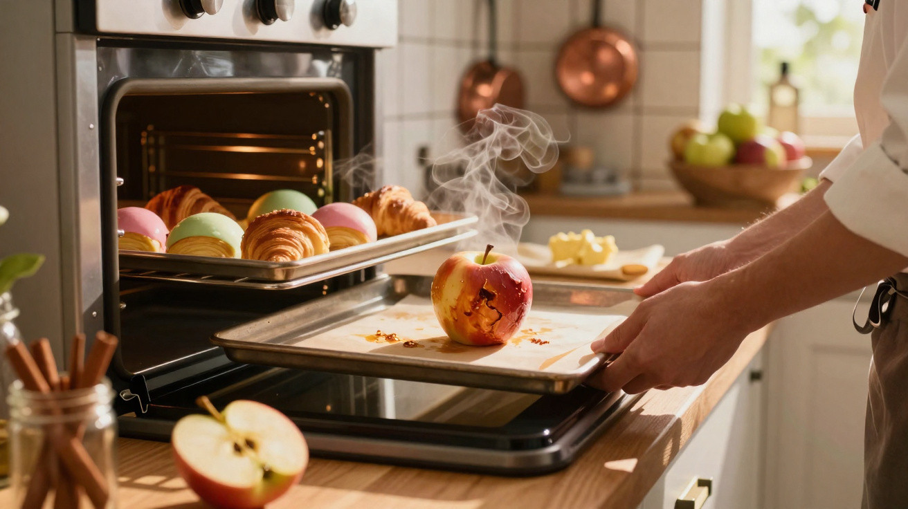 Pessoa a tirar maçã fumegante do forno numa cozinha com tabuleiro de doces ao fundo.