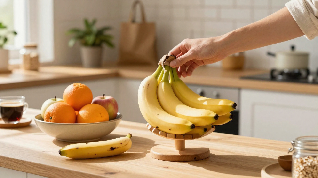 Mão a segurar cacho de bananas, cozinha com fruteira com laranjas e maçãs sobre bancada de madeira.