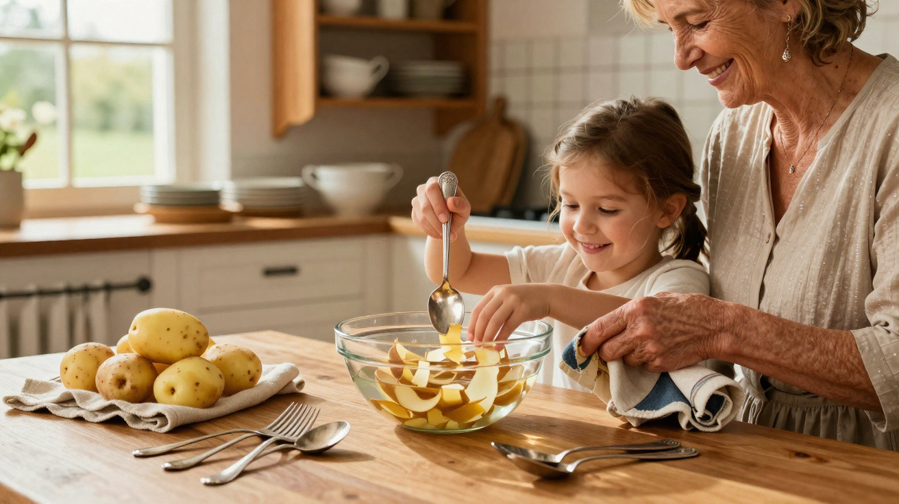 Avó e neta a preparar batatas numa cozinha luminosa e acolhedora numa tigela de vidro.