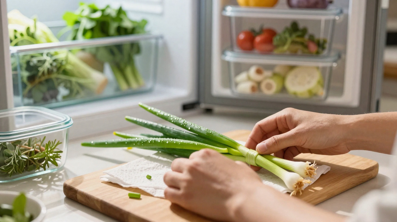 Mãos a preparar cebolinhas verdes numa tábua de cortar à frente de um frigorífico aberto com legumes frescos.