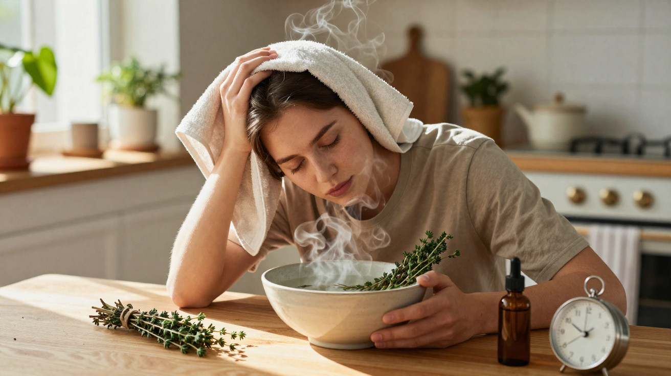 Mulher com toalha na cabeça a inalar vapor de tigela com ervas numa cozinha luminosa.