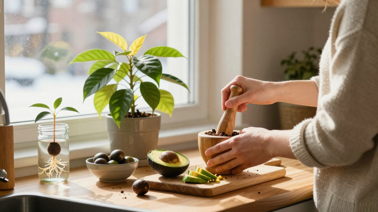 Pessoa a esmagar abacate num almofariz junto a uma janela com plantas e abacates na bancada da cozinha.