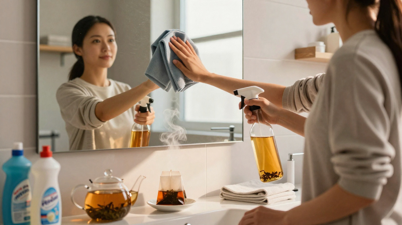 Mulher a limpar espelho na casa de banho com pano e spray, com jarra e chá no balcão em destaque.