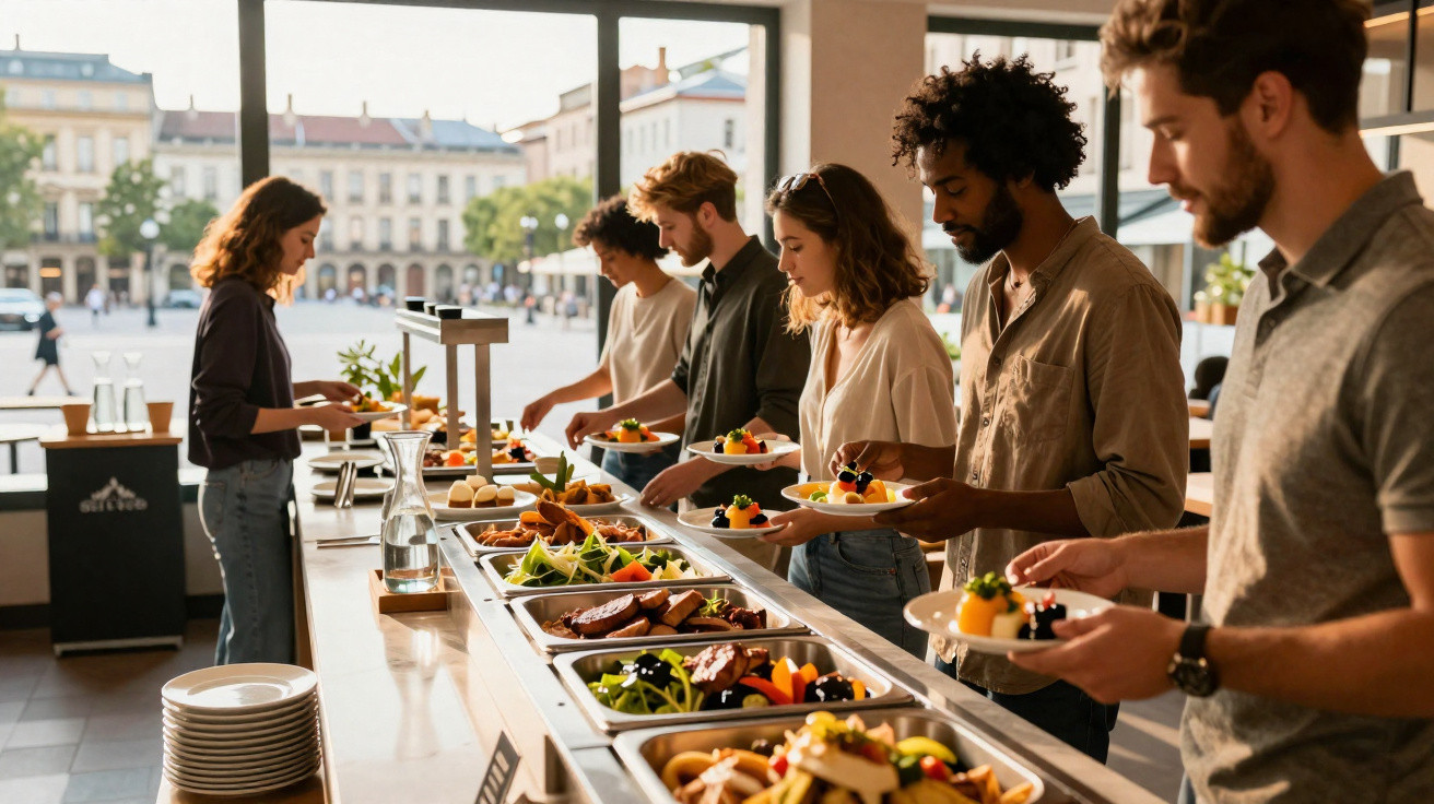 Pessoas diversas servem-se num buffet em restaurante luminoso com vista para praça urbana.