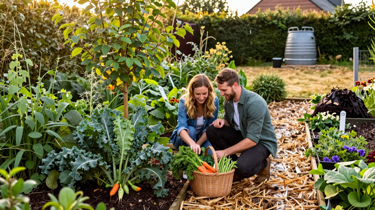 Casal jovem colhendo verduras e cenouras num jardim comunitário em dia ensolarado.