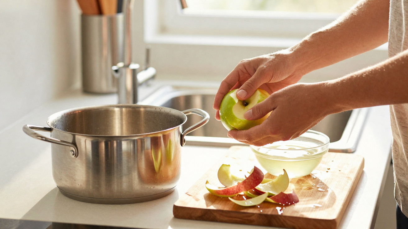 Pessoa a descascar maçã verde sobre tábua de cozinha com panelas e pia ao fundo.