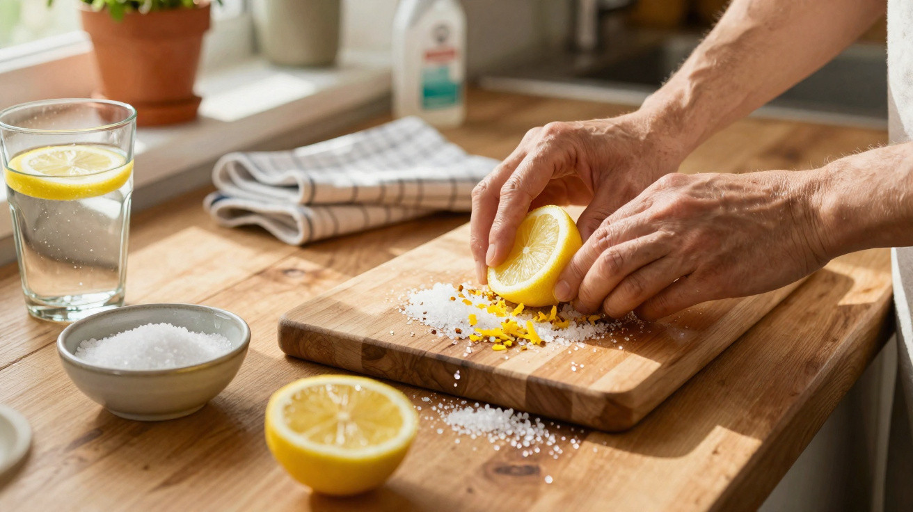 Mãos a espremer limão sobre sal grosso numa tábua de madeira numa cozinha iluminada.