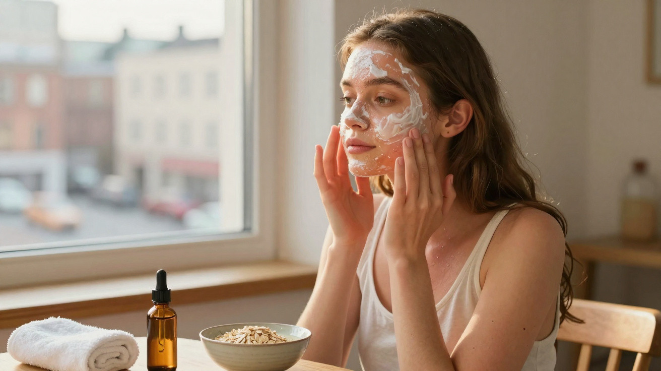 Mulher a aplicar máscara facial caseira numa mesa com toalha, óleo e aveia junto à janela.