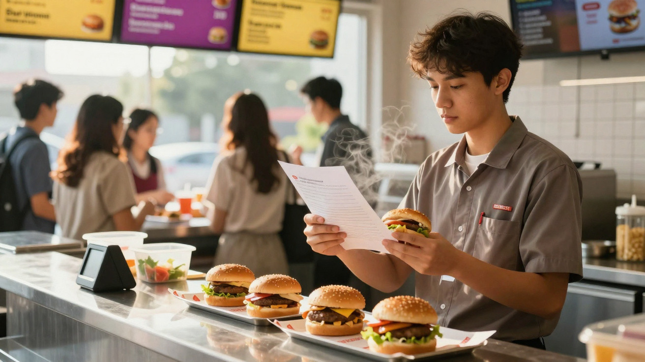 Funcionário de fast food a verificar encomenda de hambúrgueres numa cozinha com pessoas ao fundo.