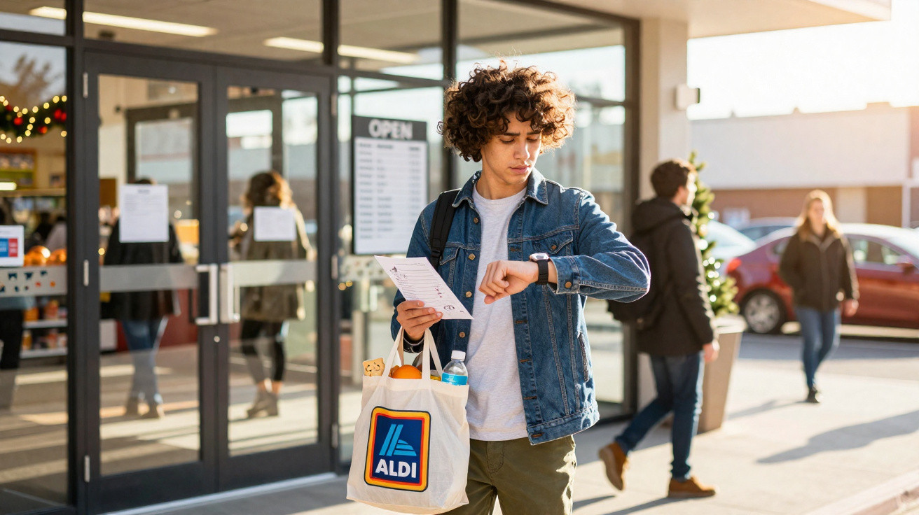 Jovem com saco de compras Aldi verifica horas no pulso à saída de supermercado num dia ensolarado.