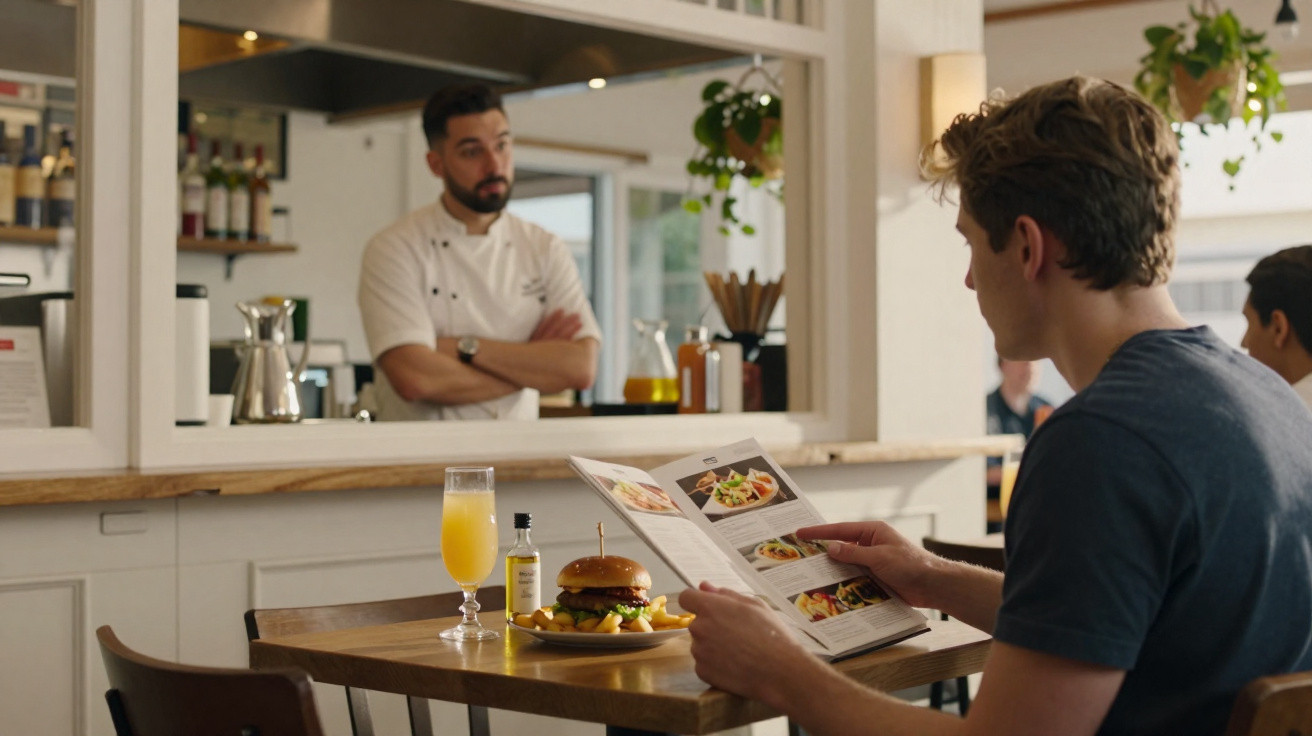 Jovem sentado a ler menu no restaurante com hambúrguer e sumo na mesa, chefe de cozinha observa ao fundo.