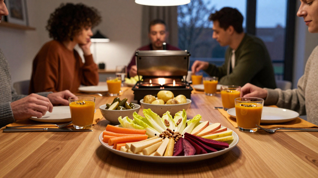 Grupo de pessoas à mesa com travessa de vegetais, batatas e sumos num jantar acolhedor em casa.