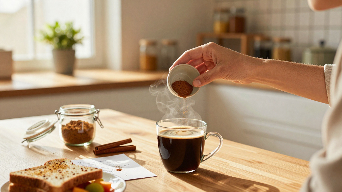Mão polvilhando canela em pó num café preto fumegante numa cozinha acolhedora ao amanhecer.