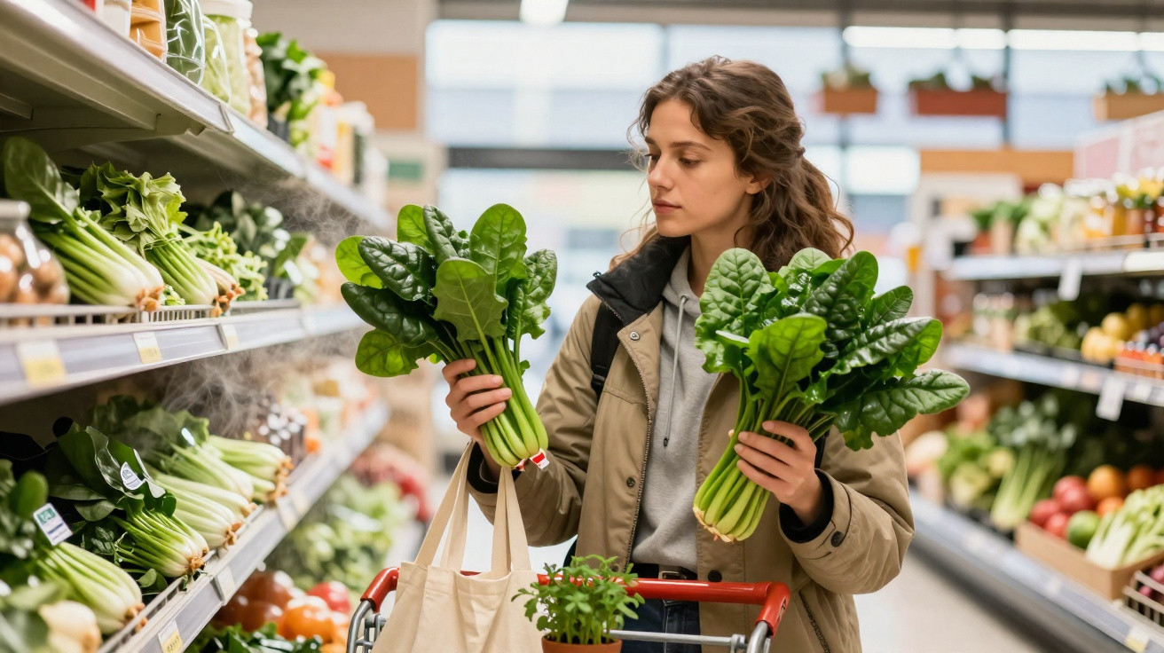 Mulher num supermercado a escolher espinafres frescos na seção de legumes.