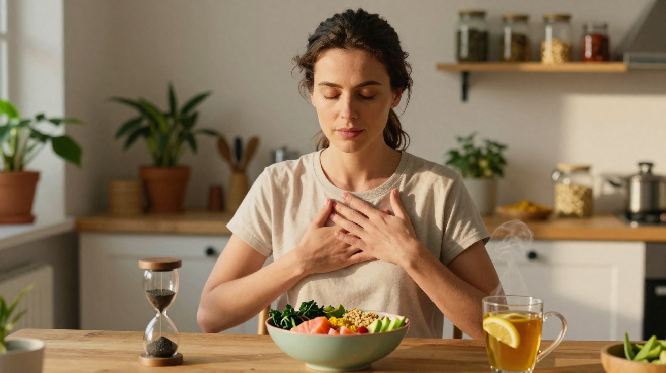 Mulher a meditar com os olhos fechados frente a uma tigela de comida saudável e chá com limão.