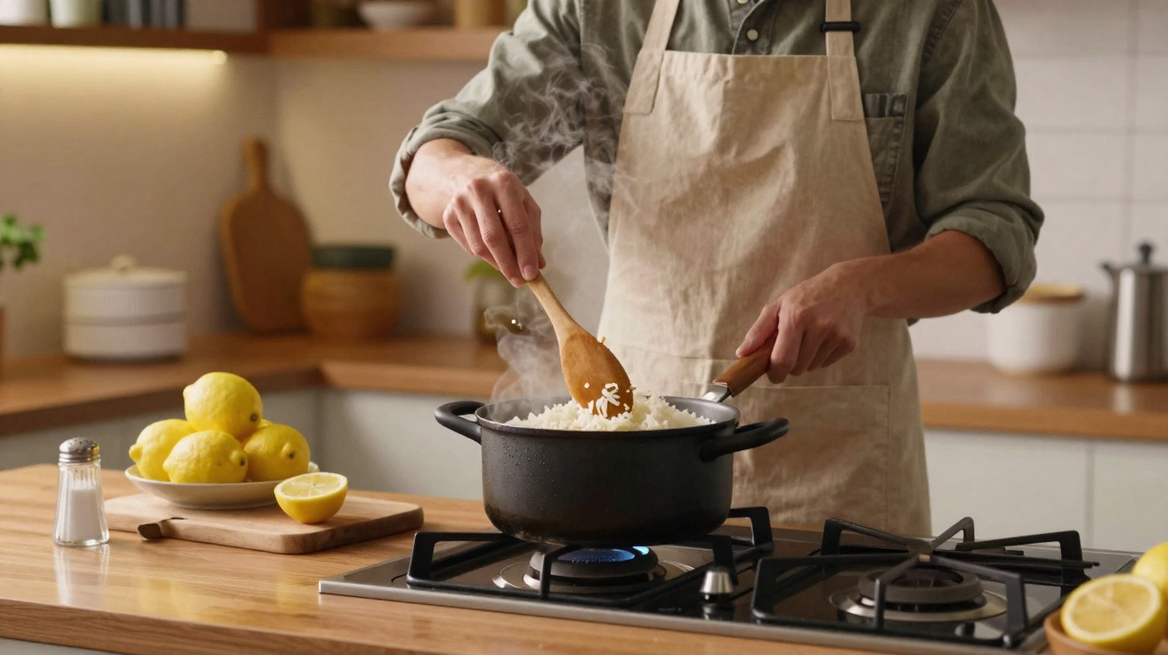 Pessoa a mexer arroz numa panela a ferver no fogão numa cozinha moderna com limões ao lado.