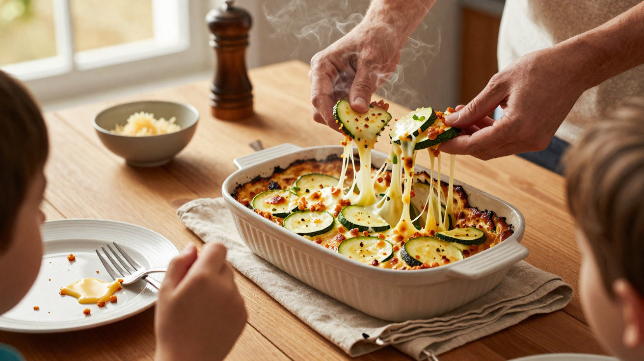 Pessoas a comer uma lasanha de queijo derretido com fatias de courgette numa mesa de madeira.