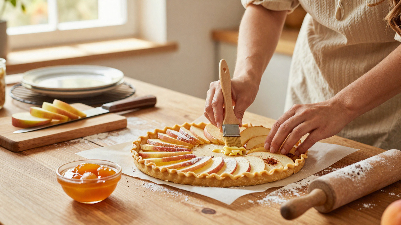 Pessoa a preparar tarte de maçã numa cozinha, pincelando as fatias de maçã com ovo batido.
